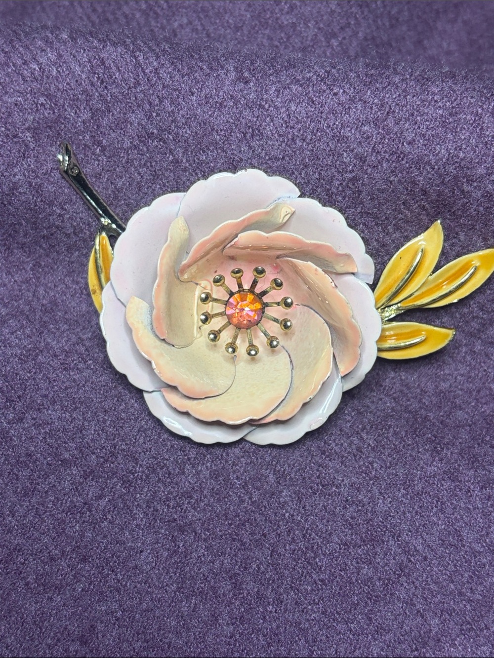 Pink Floral Enamel Brooch with Yellow Leaves